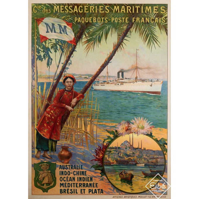 Affiche ancienne de voyage - Compagnie des Messageries Maritimes - Australie Océan Indien - Dellepiane - 1920 - 107 par 76 cm Affiche ancienne de voyage - Compagnie des Messageries Maritimes - Australie Océan Indien - Dellepiane - 1920 - 107 par 76 cm