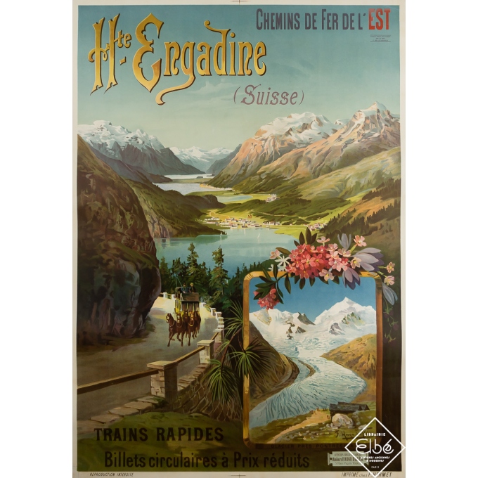 Affiche ancienne de voyage - Haute Engadine - Suisse - F. Hugo d'Alesi - Circa 1900 - 105 par 73 cm