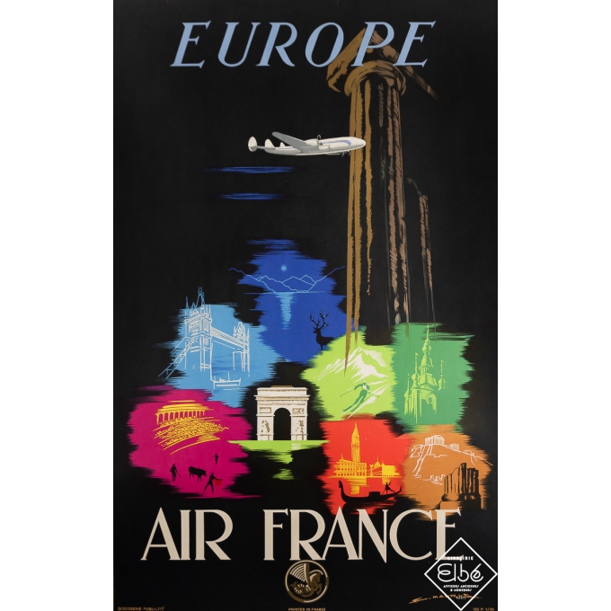 Affiche ancienne de voyage - Air France - Europe - E. Maurus - 1950 - 99 par 62.5 cm