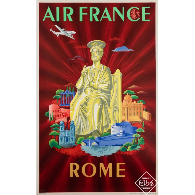 Affiche ancienne de voyage - Air France - Rome - Plaquet - 1949 - 100.5 par 62.5 cm