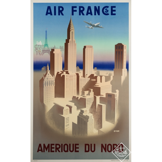 Affiche ancienne de voyage - Air France - Amérique du Nord - Jean Even - 1950 - 101 par 63 cm