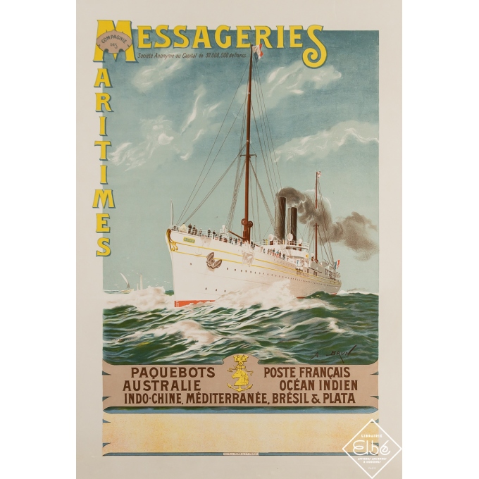 Affiche ancienne de voyage - Messageries Maritimes - Océan Indien - A. Brun - Circa 1910 - 63 par 44 cm