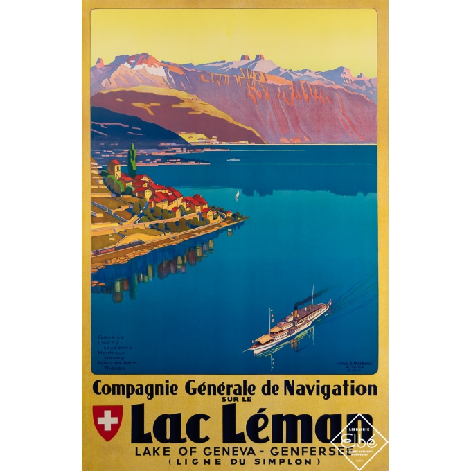 Affiche ancienne de voyage - Lac Léman - Compagnie Générale de Navigation - Johannes Emil MÜLLER - Circa 1935 - 99.5 par 65 cm