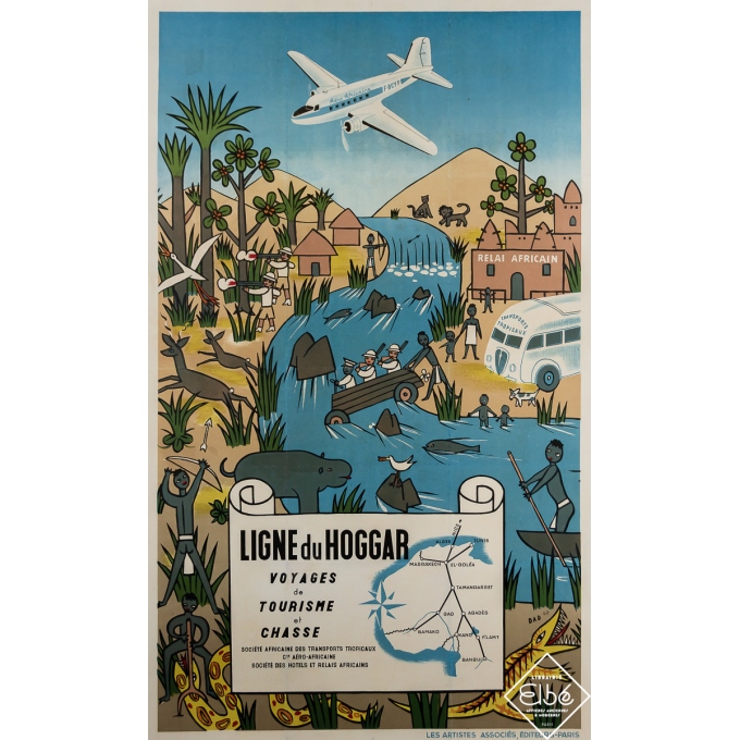 Affiche ancienne de voyage - Ligne du Hoggar - Dad - 1947 - 102 par 63 cm