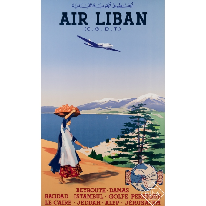 Affiche ancienne de voyage - Air Liban - Vincent Guerra - Circa 1950 - 99 par 61.5 cm