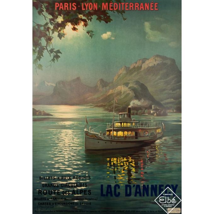 Affiche ancienne de voyage - Lac d'Annecy - PLM - F. Cachoud - Circa 1910 - 104 par 74 cm