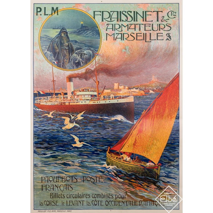 Affiche ancienne originale - Fraissinet & Cie - Armateurs Marseille PLM - David Dellepianne - Circa 1920 - 105 par 75 cm
