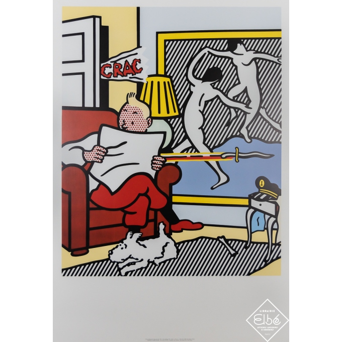 Affiche ancienne d'exposition - Tintin Reading - Roy Lichtenstein - Circa 1988 - 100 par 70.5 cm