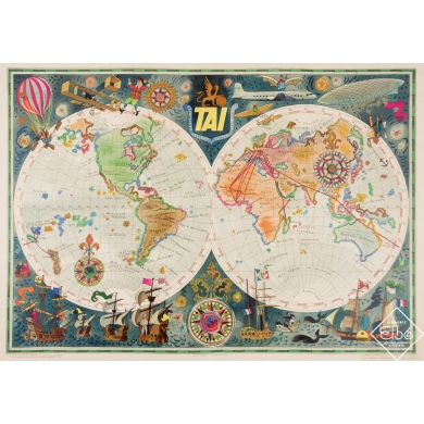 Affiche ancienne de voyage - TAI - Planisphère - Luc Marie Bayle - Circa 1950 - 56.5 par 78.5 cm
