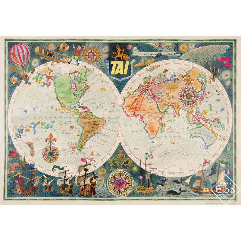 Affiche ancienne de voyage - TAI - Planisphère - Luc Marie Bayle - Circa 1950 - 56.5 par 78.5 cm