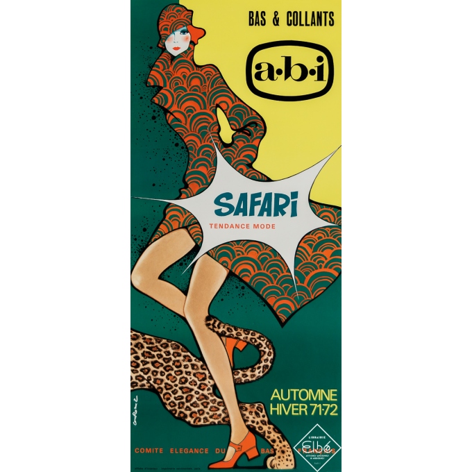 Affiche ancienne de publicité - Bas A-B-I - tendance mode Safari - Couronne - 1971 - 54 par 24 cm