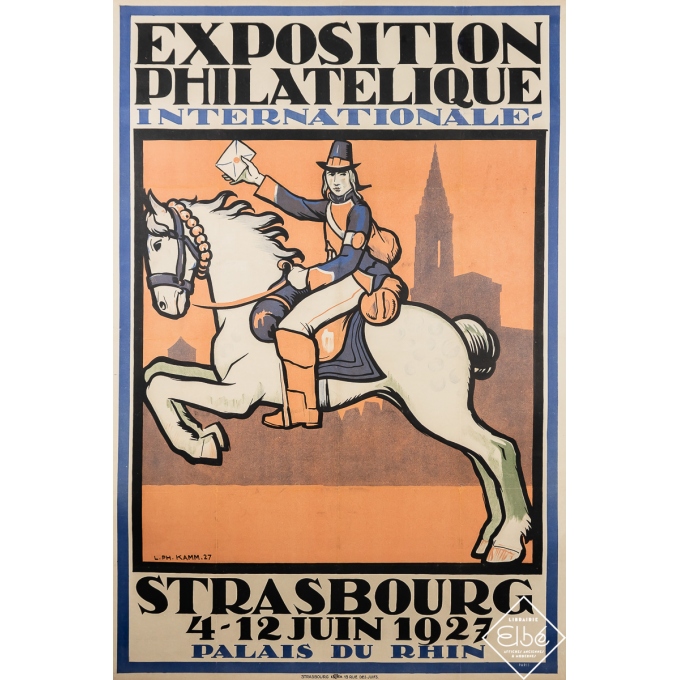 Affiche ancienne originale - Exposition Philatélique Internationale - Strasbourg - L. Ph. Kamm - 1927 - 123 par 84.5 cm