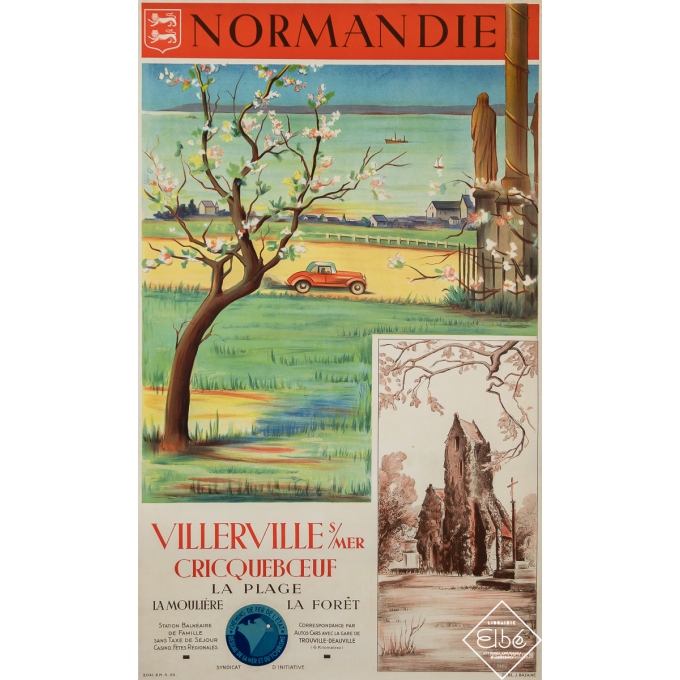 Affiche ancienne de voyage - Normandie - Villerville sur Mer - Cricqueboeuf - Ch. Walhain - 1935 - 101 par 60 cm
