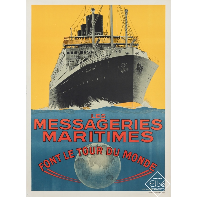 Affiche ancienne de voyage - Les Messageries Maritimes - Font le Tour du Monde - Sandy Hook - Circa 1925 - 82 par 60 cm