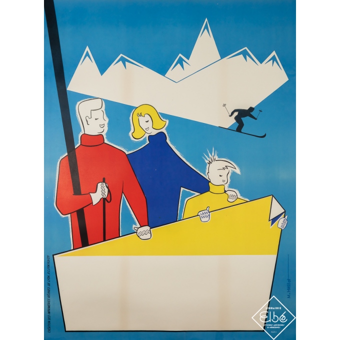 Affiche ancienne de voyage - Ski en famille - M. Maillot - Circa 1950 - 153 par 114 cm