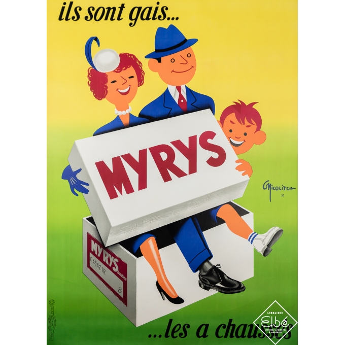 Affiche ancienne de publicité - Ils sont gais Myrys les a chaussés - Nicoltch - 1955 - 154 par 114 cm