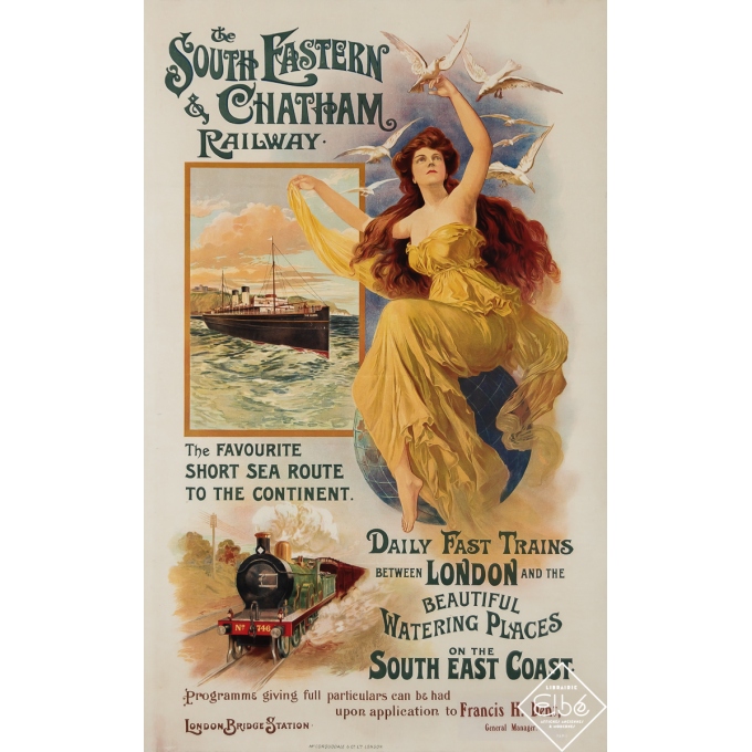 Affiche ancienne de voyage - The South Eastern & Chatham Railway - 1908 - 102 par 63.5 cm