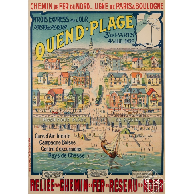 Affiche ancienne de voyage - Quend Plage - Chemin de fer du Nord - Circa 1910 - 103 par 72.5 cm