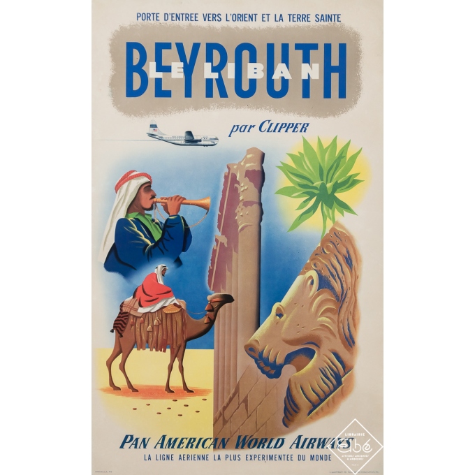 Affiche ancienne de voyage - Beyrouth - Le Liban par Clipper Pan American World Airways - 1951 - 102.5 par 63.5 cm