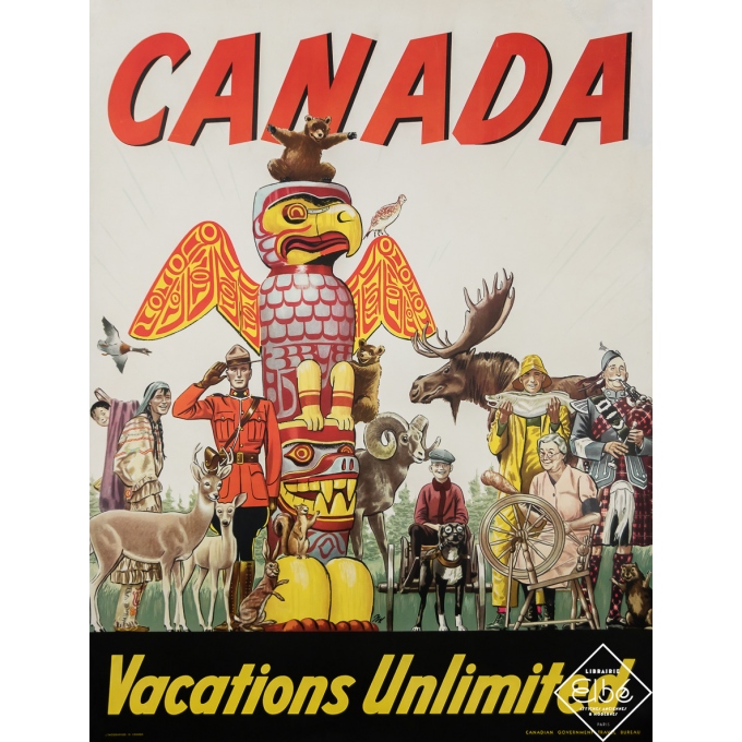Affiche ancienne de voyage - Canada - Vacations Unlimited - Circa 1950 - 102 par 77 cm