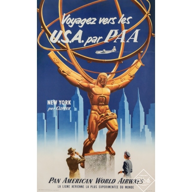 Vintage travel poster - Voyagez vers les USA par Pan American World Airways - 1951 - 40.6 by 25 inches