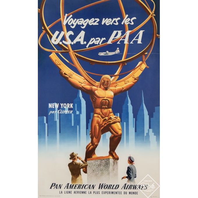 Affiche ancienne de voyage - Voyagez vers les USA par Pan American World Airways - 1951 - 103 par 63.5 cm