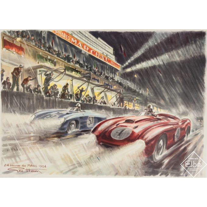 Affiche ancienne originale - 24 Heures du Mans - Geo Ham - 1954 - 39 par 54.5 cm