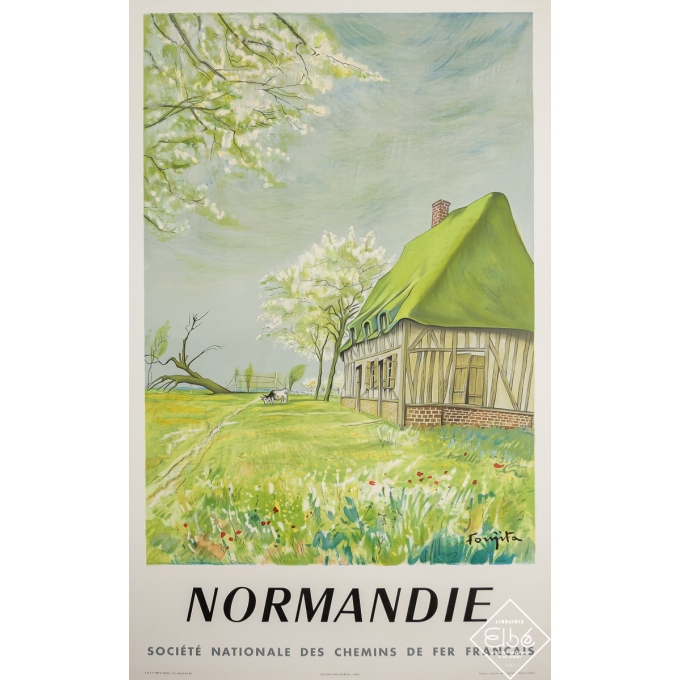 Affiche ancienne de voyage - Normandie - SNCF - Foujita - 1958 - 100 par 62.5 cm