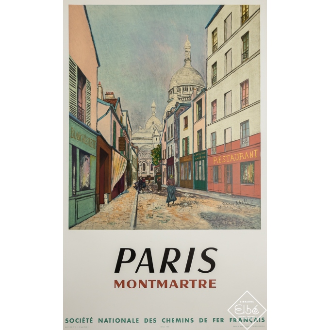 Affiche ancienne de voyage - Paris Montmartre - SNCF - Maurice Utrillo - 1953 - 98 par 62 cm