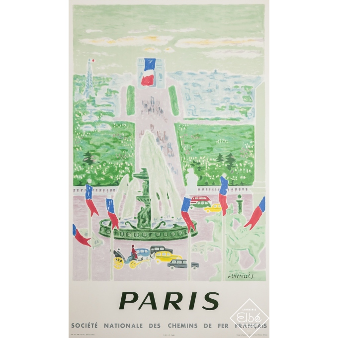 Affiche ancienne de voyage - Paris - Concorde - SNCF - J. Cavaillès - 1957 - 100 par 62 cm