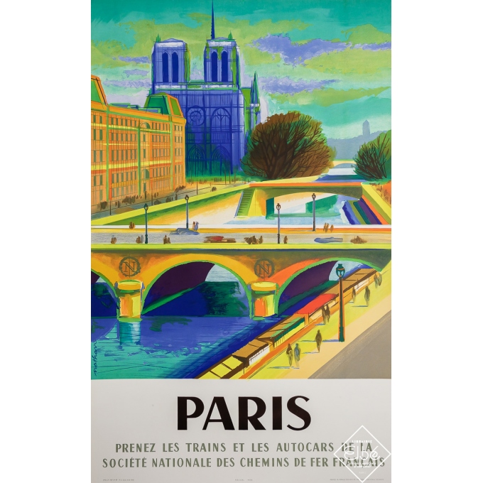 Affiche ancienne de voyage - Paris - Trains et Autocars - Nathan - 1957 - 100 par 62 cm