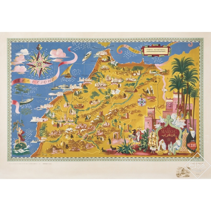 Affiche ancienne de voyage - Le Maroc, carte illustrée - Lucien Boucher - Circa 1950 - 77 par 112 cm
