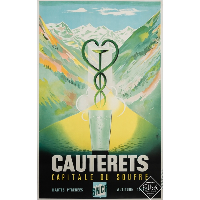 Affiche ancienne de voyage - Cauterets - Capitale du Soufre - SNCF - Ebe - 1951 - 100 par 62.5 cm