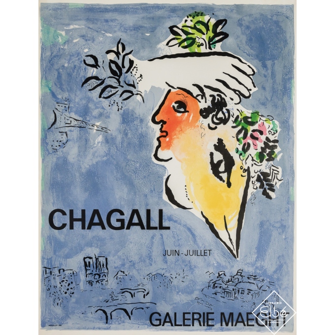Affiche ancienne d'exposition - Paris - Marc Chagall - Circa 1960 - 70.5 par 54.5 cm