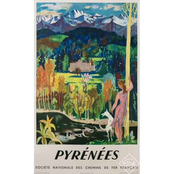 Affiche ancienne de voyage - Pyrénées - SNCF - Auzame - 1951 - 98.5 par 61 cm