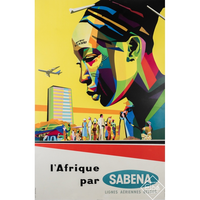 Affiche ancienne de voyage - L'Afrique par Sabena - Lignes Aeriennes Belges - Vanden Eynden - Circa 1960 - 98 par 64 cm