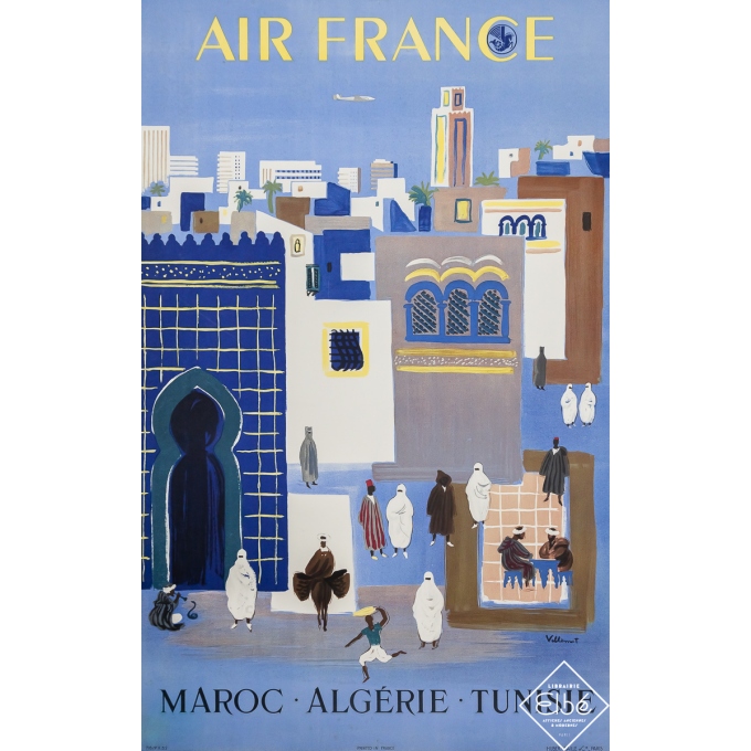 Affiche ancienne de voyage - Air France - Maroc Algérie Tunisie - Villemot - 1952 - 99.5 par 62.5 cm