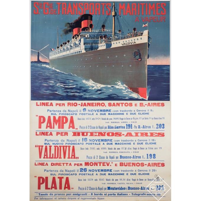 Affiche ancienne originale - Societé Générale de Transports Maritimes à Vapeur - Circa 1910 - 122 par 100 cm