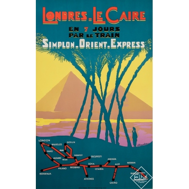 Affiche ancienne de voyage - Londres - Le Caire - Simplon Orient Express - J. Touchet - 1930 - 100 par 62 cm
