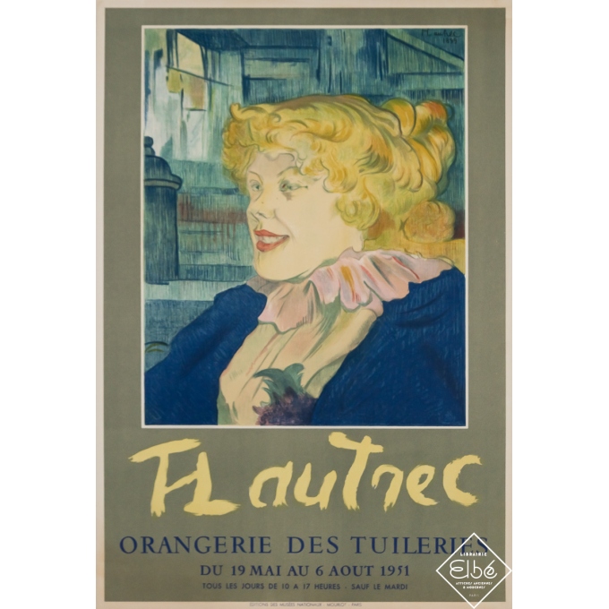 Affiche ancienne d'exposition - Toulouse Lautrec - Orangerie des Tuileries - Toulouse Lautrec - 1951 - 64.5 par 44 cm