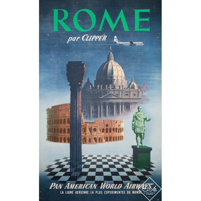 Affiche ancienne de voyage - Rome par Clipper - Pan American World Airways - 1951 - 101.5 par 62.5 cm
