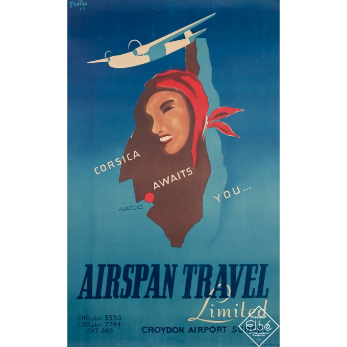 Affiche ancienne de voyage - Airspan Travel Limited - Corsica - Pontac - 1949 - 99 par 61 cm