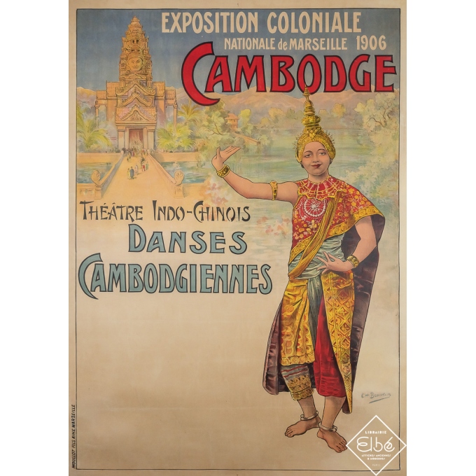 Affiche ancienne originale - Danse cambodgienne - Cambodge Exposition coloniale Marseille - C. H. Beauvais - 1906 - 156 par 113 