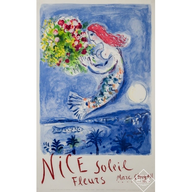 Affiche ancienne d'exposition - Nice Soleil Fleurs - Marc Chagall - 1961 - 99.5 par 61.5 cm
