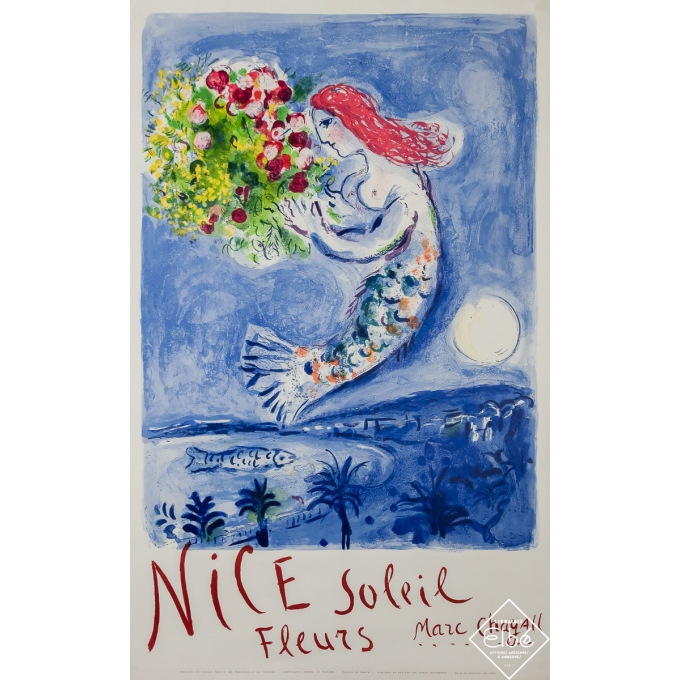 Affiche ancienne d'exposition - Nice Soleil Fleurs - Marc Chagall - 1961 - 99.5 par 61.5 cm
