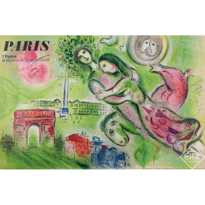 Affiche ancienne d'exposition - Paris - L'Opéra - Le Plafond de Chagall - Marc Chagall - Circa 1960 - 74.5 par 108 cm