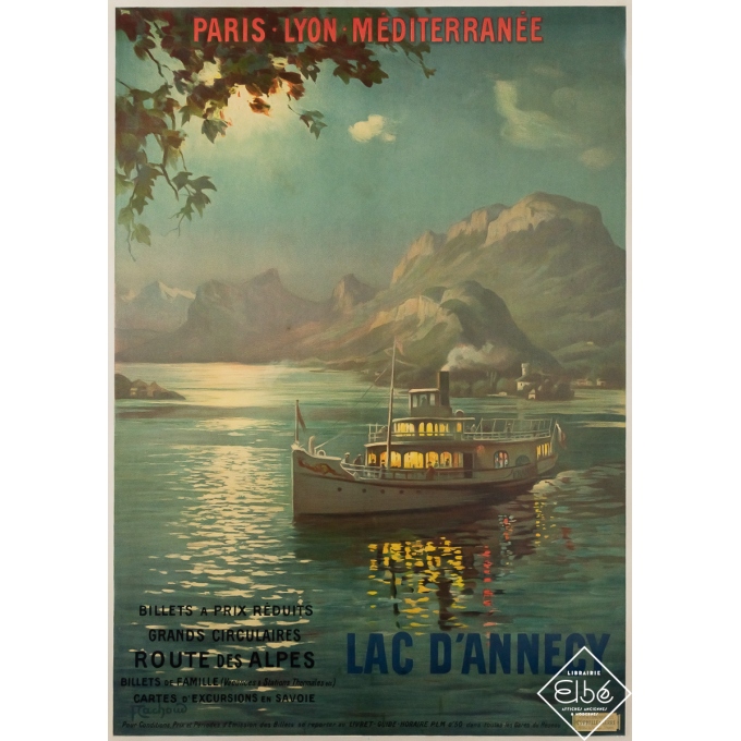 Affiche ancienne de voyage - Lac d'Annecy P.L.M - F. Cachoud - Circa 1900 - 105.5 par 76 cm