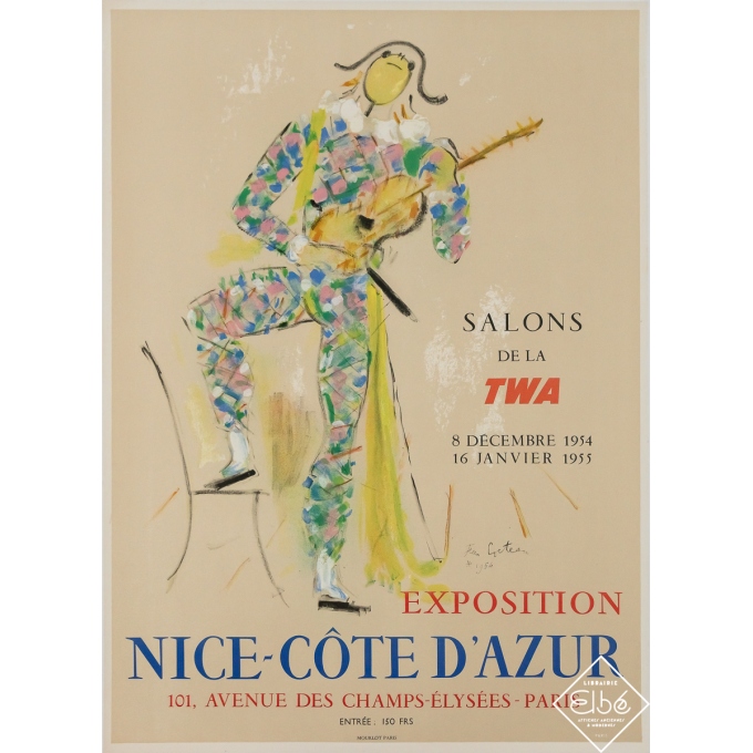 Affiche ancienne d'exposition - Nice Côte d'Azur - Salons de la TWA - Jean Cocteau - 1954 - 69.5 par 50 cm