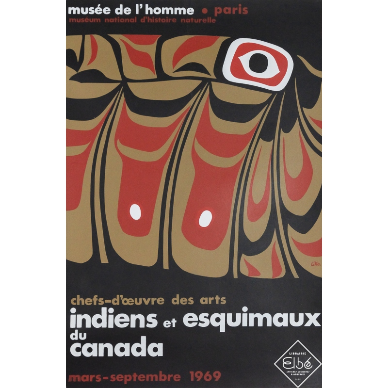 Affiche ancienne d'exposition - Chefs d'oeuvre des arts indiens et esquimaux du Canada - Niko - 1969 - 60 par 40.5 cm
