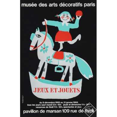 Affiche ancienne d'exposition - Jeux et jouets Musée des Arts décoratifs Paris - Atelier des moins de 15 ans - 1965 - 59.5 par 3